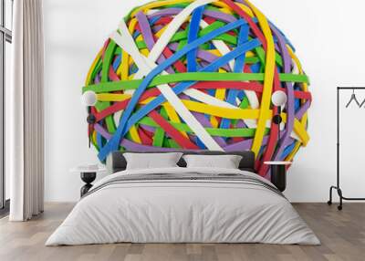 rubber ball out of many colorful elastic bands isolated on white background, Wall mural