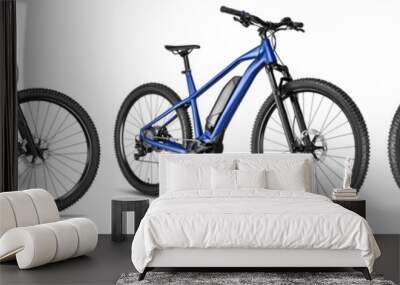 set collection of blue modern mid drive motor e bike pedelec with electric engine middle mount. battery powered ebike isolated white background. Innovation transportation concept. Wall mural