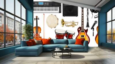 Set collection of various musical instruments. Electric guitar violin piano keyboard bongo drums tamburin harmonica trumpet. Brass percussion studio music design pattern isolated white background Wall mural