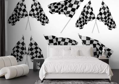 Set collection of waving and crossed black white chequered or checkered flag with wooden stick motorsport sport racing concept isolated background Wall mural