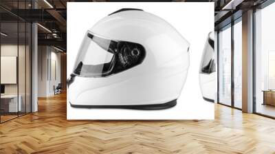 Set collection of white motorcycle carbon integral crash helmet isolated white background. motorsport car kart racing transportation safety concept Wall mural