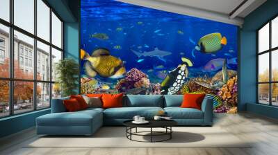 underwater coral reef landscape wide panorama wallpaper background the deep blue ocean with colorful fish sea turtle and marine wild life Wall mural