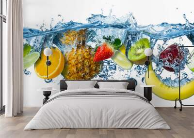 various fresh colorful tasty fruits splashing into cold water isolated on white background. food diet healthy eating freshness concept Wall mural