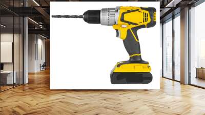 Yellow cordless electronic screwdriver drill hand tool isolated white backgroun. DIY industry construction hobby concept Wall mural