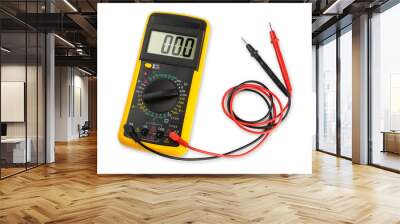 Yellow digital multimeter electronic measurement device tool with red and black cables isolated white background. Installation service concept Wall mural