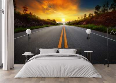 beautiful sun rising sky with asphalt highways road in rural sce Wall mural