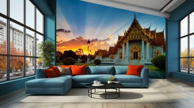 beautiful sunset sky and at wat benchamabophit ,marble temple one of most popular traveling destination in heart of bangkok thailand capital Wall mural