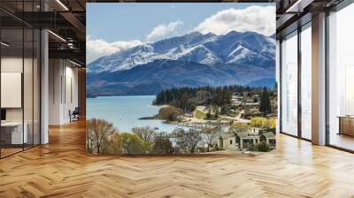 beautiful top view land scape of lake wanaka town in cloudy day Wall mural