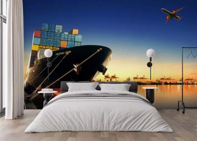 container ship in import,export port against beautiful morning l Wall mural