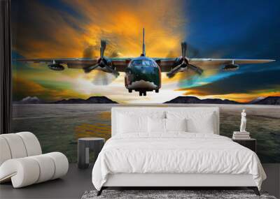 military plane landing on airforce runways against beautiful dus Wall mural