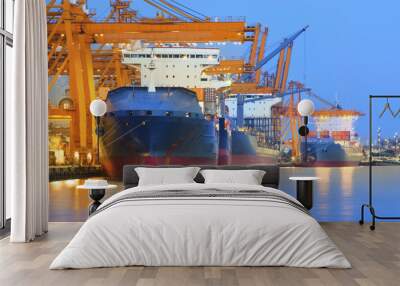 panorama scene of ship yard with heavy crane in beautiful twilig Wall mural