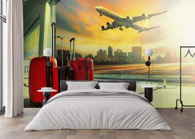 traveling luggage in airport terminal building and jet plane fly Wall mural