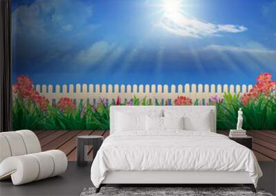 wood terrace and flowers garden with blue sky and sunshine above Wall mural