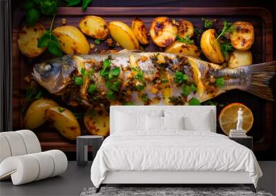 Baked sea bass with potatoes, top view. AI Generative. Wall mural