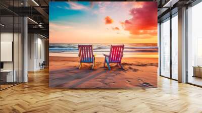 Two empty beach chairs on beach at sunset. Wall mural