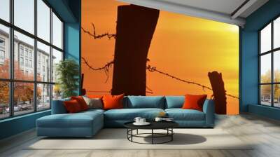 Colorful Kansas Sunset that's bright and colorful wih a fenceline silhouette out in the country in Kansas. Wall mural