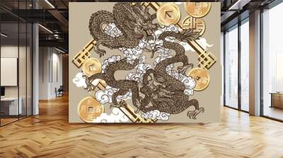 Happy china new year festival dragon fly and gold coin drawing Wall mural