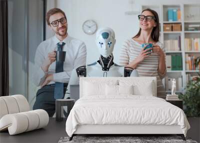 Business people supervising a robot work Wall mural