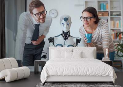 Business people supervising a robot work Wall mural