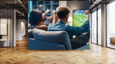 Group of friends watching a football match on TV Wall mural