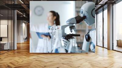 Scientist and robot working together in the lab Wall mural