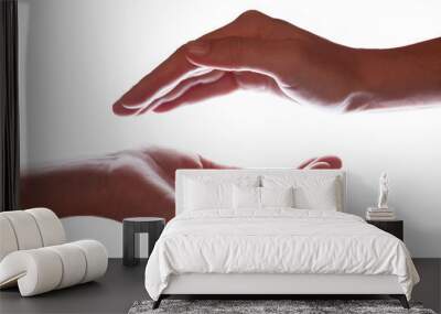 Woman or female hands cupped in a protection, protection, safety or safe concept symbol. Backlight or backlighting illumination for silhouettes designs. White background with copy space. Wall mural