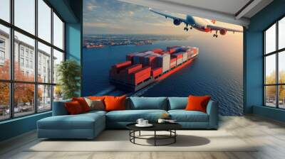 A cargo ship sailing in the ocean with a plane flying overhead, symbolizing global transportation and trade. Wall mural