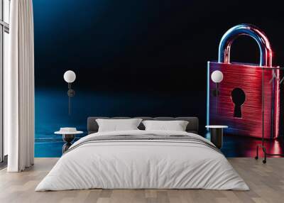 A close-up of a metallic padlock illuminated by colorful lights, symbolizing security and protection in a modern backdrop. Wall mural