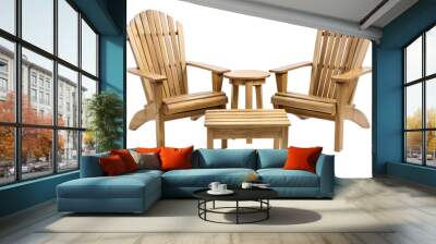 A cozy oak wooden patio set featuring two stylish chairs and a matching table, isolated on a transparent or white background. Wall mural