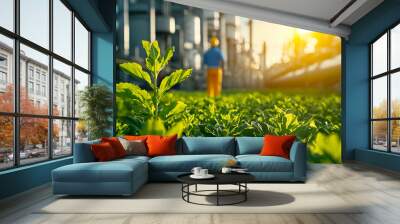 A lush field of green plants in an industrial setting, symbolizing the blend of nature and technology at sunrise. Wall mural