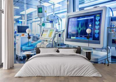 A modern hospital room equipped with high-tech medical monitors and devices, illustrating advanced healthcare technology in use. Wall mural