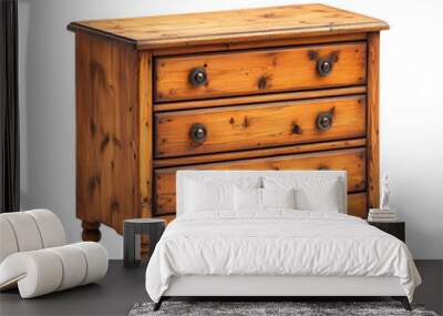 A rustic wooden dresser with three spacious drawers, ideal for stylish storage in any home or office setting. Wall mural