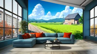 A serene rural landscape showcasing a house beside lush fields and a railway under a bright blue sky with fluffy clouds. Wall mural