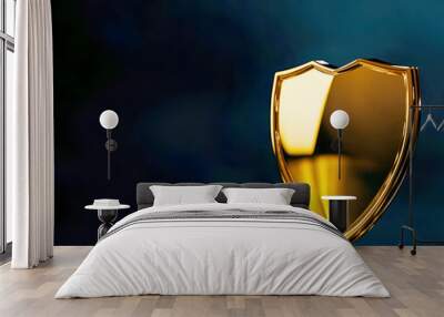 A shining gold shield symbolizing protection and security against threats on a dark background. Wall mural