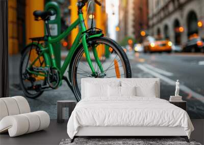 A vibrant green bicycle parked on a city street, showcasing urban life and sustainable transportation options. Wall mural