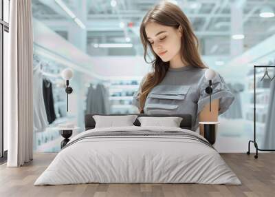 A young woman browses clothing in a modern retail store, examining a receipt with a thoughtful expression. Wall mural