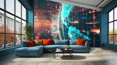 Abstract digital Earth globe technology background with data visualization, representing global network connection and information exchange. Wall mural