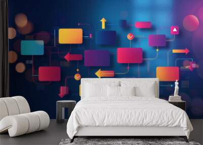 Abstract flowchart design with colorful shapes and arrows representing data and process management concepts for creative projects. Wall mural