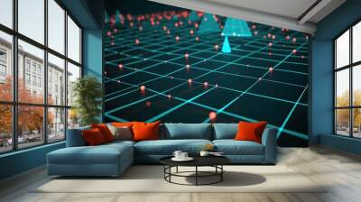 Abstract futuristic grid with glowing red dots and blue pyramids representing data and technology, dark background, vibrant colors. Wall mural