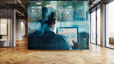 Businessman analyzing financial data on a computer, modern office background. Concept of business, finance, data analysis, and technology. Wall mural