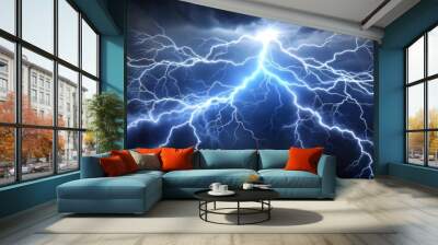 Dramatic lightning strikes illuminate a dark stormy sky, showcasing nature's raw power and energy in this stunning photograph. Wall mural