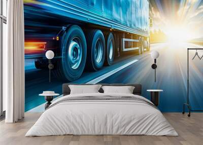 Dynamic motion blur of a truck speeding down a highway at sunset. Wall mural