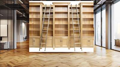 Elegant maple wooden bookshelves with ladders, isolated on a transparent or white background. Wall mural