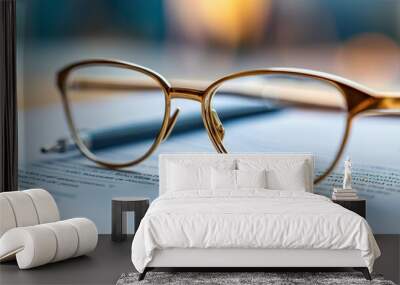 Eyeglasses on paperwork, soft focus background, professional setting. Wall mural