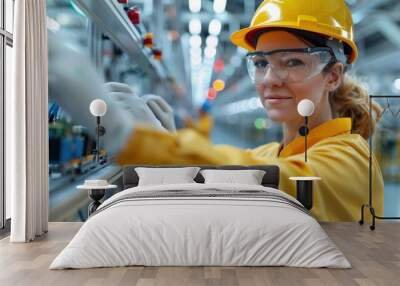 Focused female worker in safety gear operates machinery in a modern factory. Wall mural