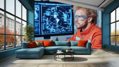 Focused male scientist in an orange suit working on advanced technology with multiple screens displaying scientific data and graphics. Wall mural