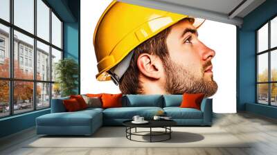 Side profile of a man wearing a yellow hard hat, symbolizing safety and construction work. Wall mural