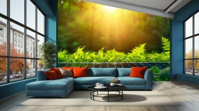 Solar panel surrounded by lush greenery, illuminated by sunlight, symbolizing renewable energy and eco-friendly technology. Wall mural