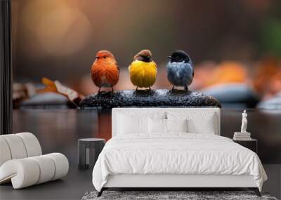 Three colorful birds perched on a branch over water with autumn leaves and a beautiful bokeh background. Wall mural