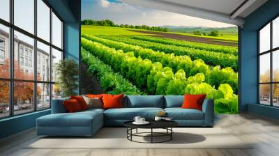 Vibrant green lettuce field under a sunny sky, showcasing rows of healthy plants in a picturesque agricultural landscape. Wall mural